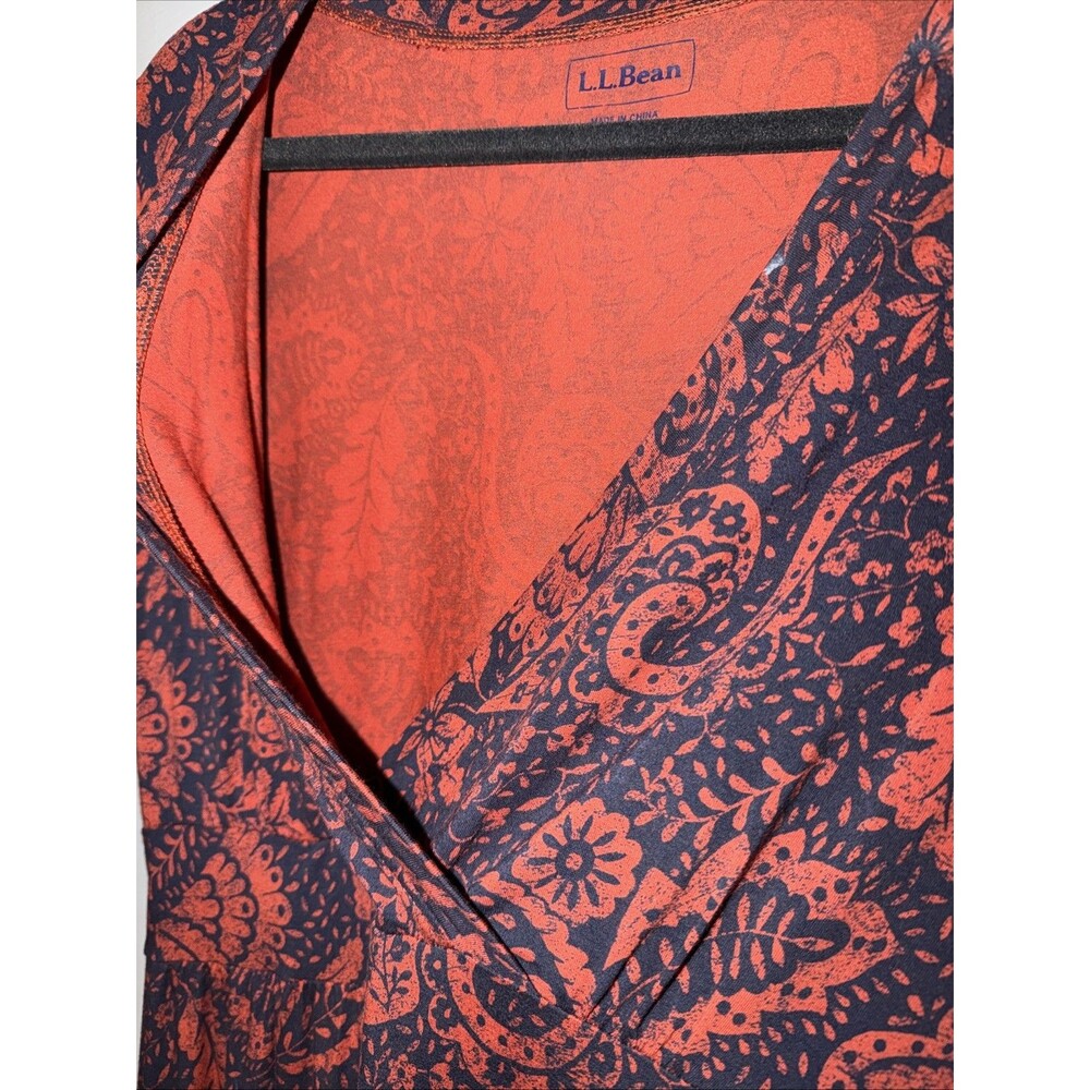 LL Bean Jersey Knit Faux Wrap Midi Dress Floral Leaf Red Med Short Sleeve Soft - Picture 5 of 15